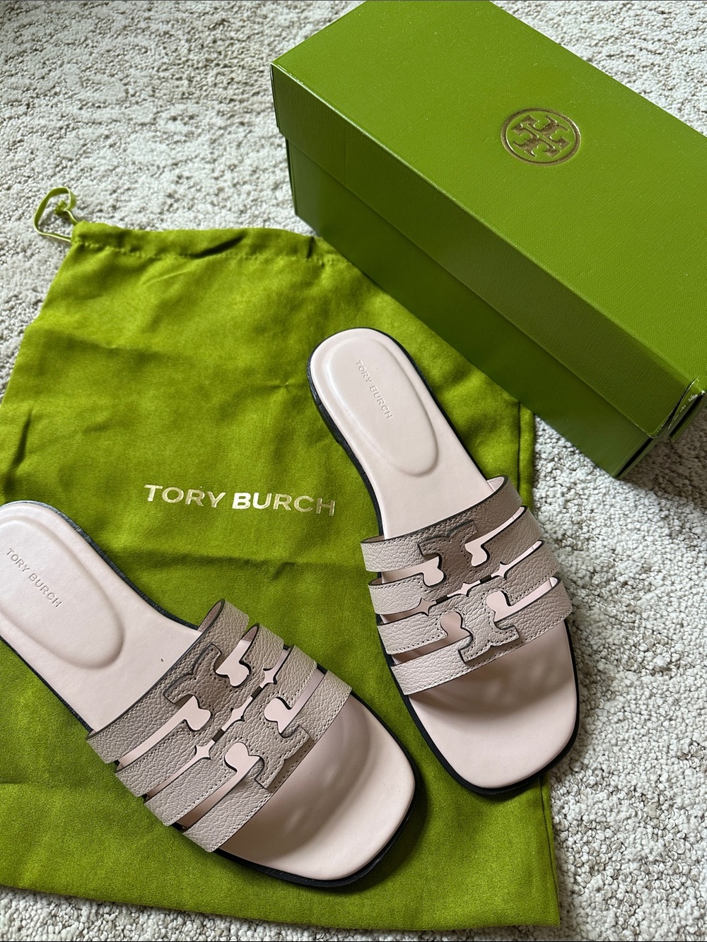 Tory Burch Pale Pink/Taupe Leather Slide Sandals
